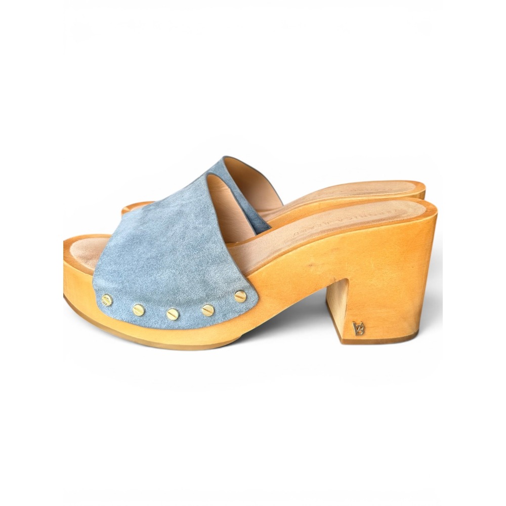 Veronica Beard Clogs Women 9.5 Blue Hannalee Suede Wood Block Heel Platform Boho